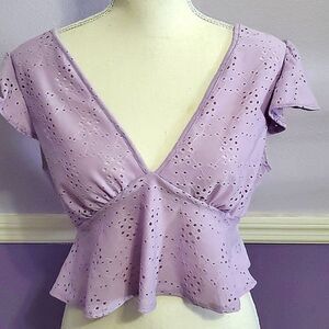 NWOT Ragdoll Lavender Eyelet Flutter Sleeves Peplum Hem Fairy Crop Top L